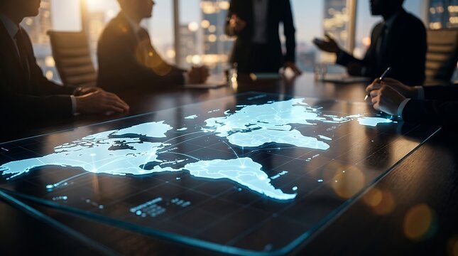 Global business meeting with holographic world map projection on conference table