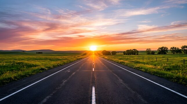 A seemingly endless straight highway extends forward toward a beautiful vibrant sunset with warm golden light shining on the road ahead