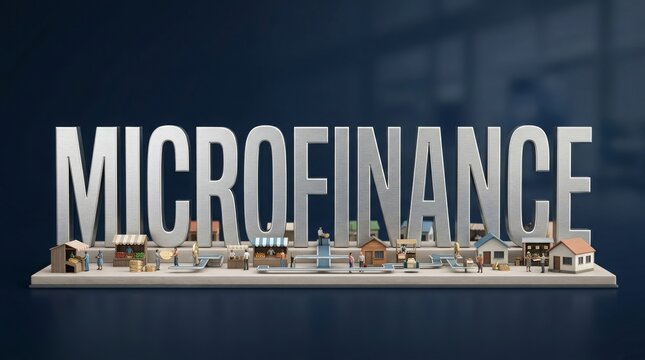 Microfinance 3D text with miniature houses and shops on a platform
