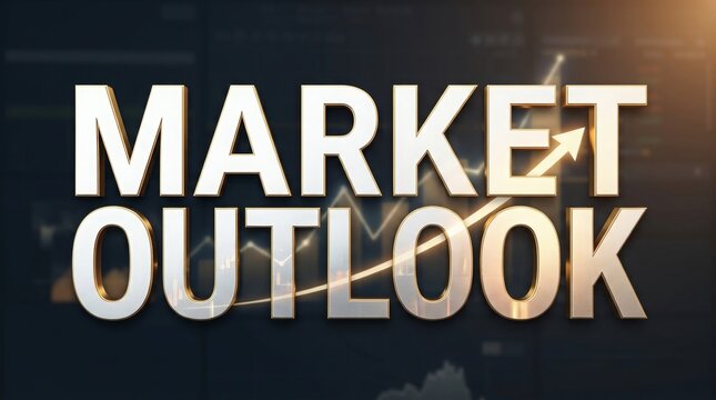 Market Outlook text with rising financial graph on dark background