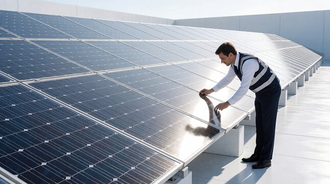 Businessman inspecting solar panels for renewable energy and sustainable power