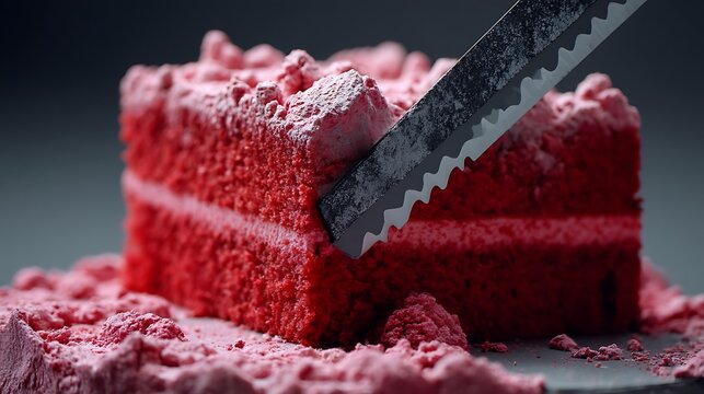 Close-up of a red velvet cake being carefully sliced with a serrated knife against a dark backdrop, focusing on the smooth texture of the cake.
