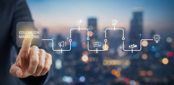 Education Marketing strategy Concept. Education marketing journey with digital icons, representing attraction, communication, learning, engagement and conversion strategy.