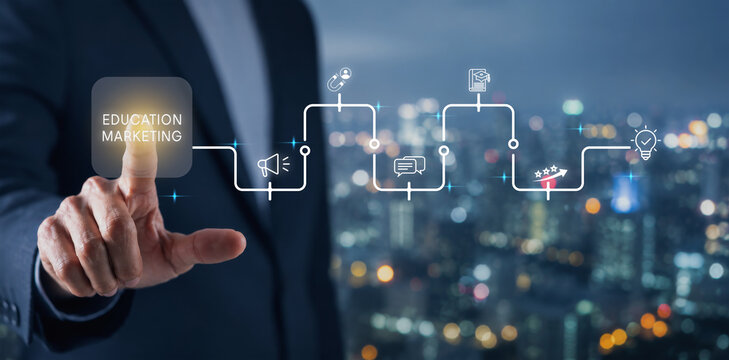 Education Marketing strategy Concept. Education marketing journey with digital icons, representing attraction, communication, learning, engagement and conversion strategy.