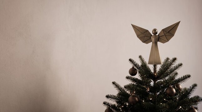 Minimalist brushed brass origami angel tree topper on green fir tree, elegant Nordic holiday interior background banner with copy space   