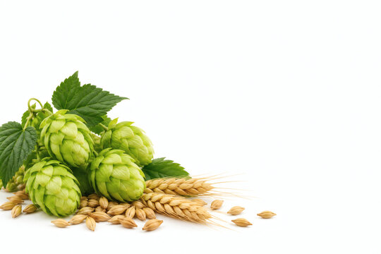 Fresh hop cones and barley ears on white background with copy space