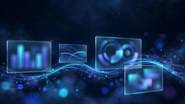 Futuristic data charts and glowing graphs floating on a dark blue background