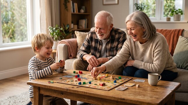 Grandparents and grandchild sharing joyful quality time during a board game at home.