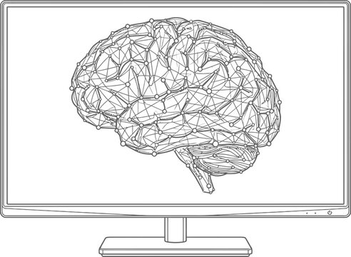 Digital line art illustration of a human brain on a computer monitor screen.