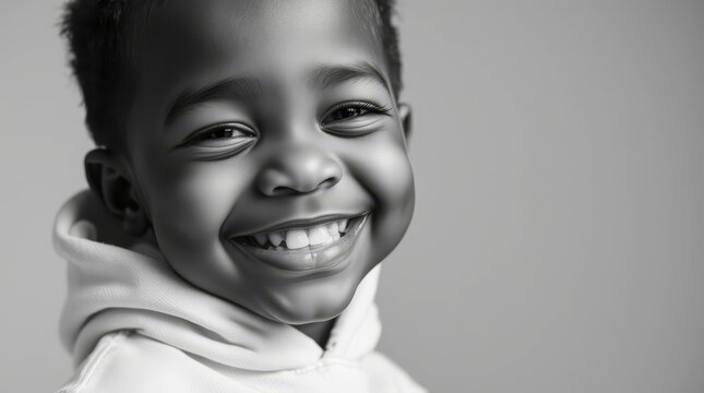 Happy Little Black Boy Smiling Radiantly in White Hoodie in Black and White Portrait