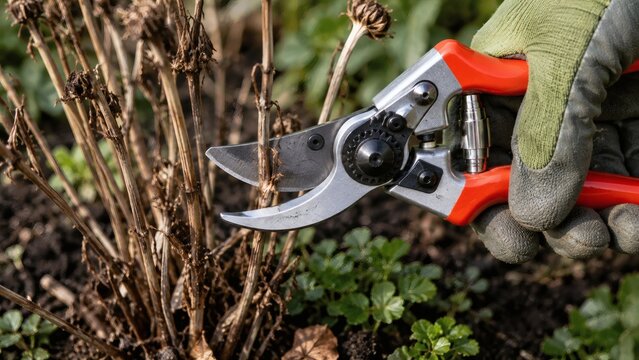 Gardener pruning a plant with shears while wearing gardening gloves  