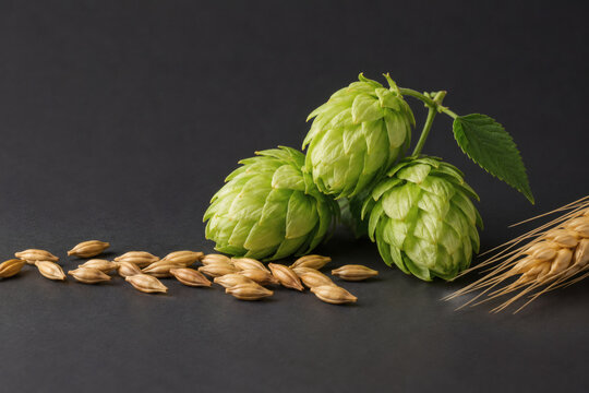 Fresh hop cones and barley on matte charcoal background