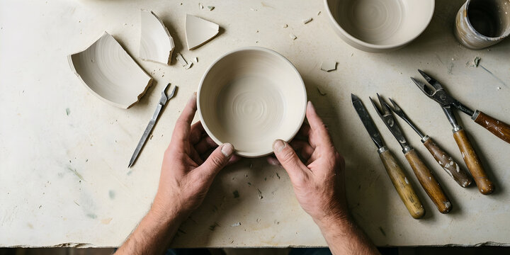 A fictional adult ceramic repair specialist arranging plain tools and materials before aligning two clean pieces of a broken plain ceramic bowl for ceramic repair, craft services and object longevity