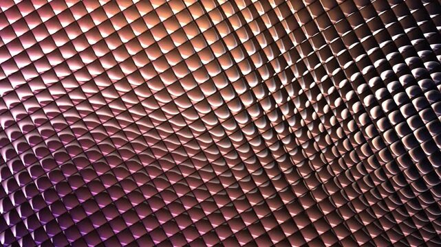 Abstract futuristic grid video footage featuring glowing purple metallic tiles moving in dynamic rhythmic waves creating complex geometric patterns for modern digital background motion graphics