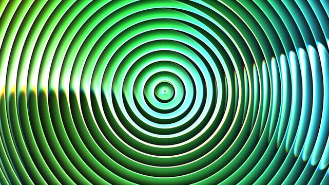 Hypnotic concentric circles ripple in continuous motion creating abstract vibrant patterns across digital video footage featuring glowing turquoise and sunny yellow hues