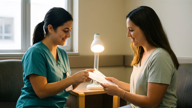 A fictional adult healthcare worker and one fictional adult visitor checking the practical result after turning on indirect warm lamps instead of harsh overhead light for calmer healthcare