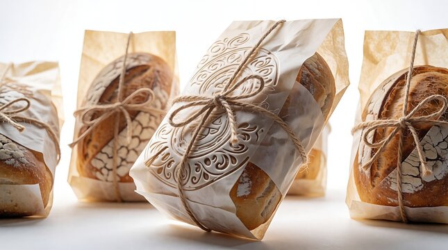 Assortment of rustic artisan bread loaves wrapped in delicate paper