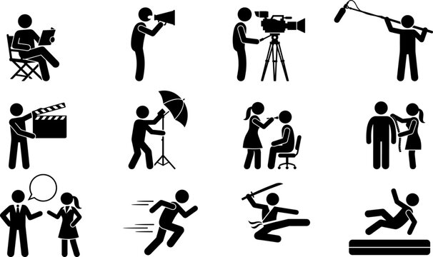 Movie Production Film Crew Backstage Crew and Stunt Stick Figure Silhouette Icon Set