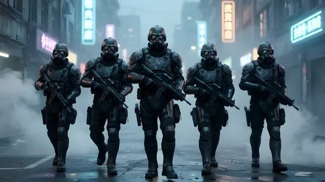 Group of five futuristic soldiers in black tactical armor walking through a neon-lit foggy urban street at night in a dystopian sci-fi world
