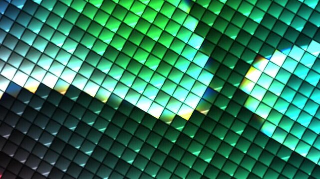 Abstract mosaic squares video footage featuring vibrant glowing blue and green gradient illumination shifting across shiny glossy pixelated grid surfaces in dynamic looping motion