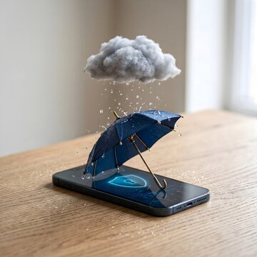 Blue umbrella protecting smartphone with shield icon from rain cloud data security insurance concept