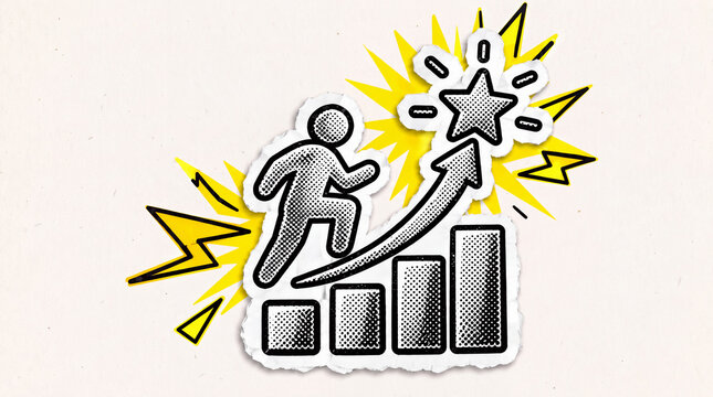 Pop Art Halftone Business Growth Concept with Rising Arrow and Progress Chart, Success Strategy and Achievement, Torn Paper Collage Style