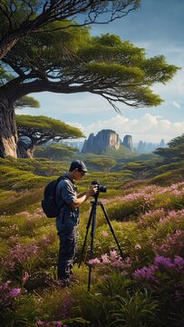 Photographer using tripod in flowering landscape