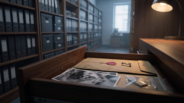 Forensic evidence archive with sealed case file, photographs and evidence bag in records room