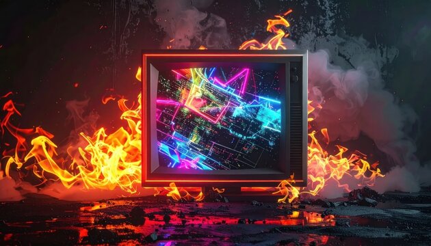 Retro TV engulfed in flames displaying vibrant, abstract digital art and data streams, symbolizing technological destruction and rebirth.