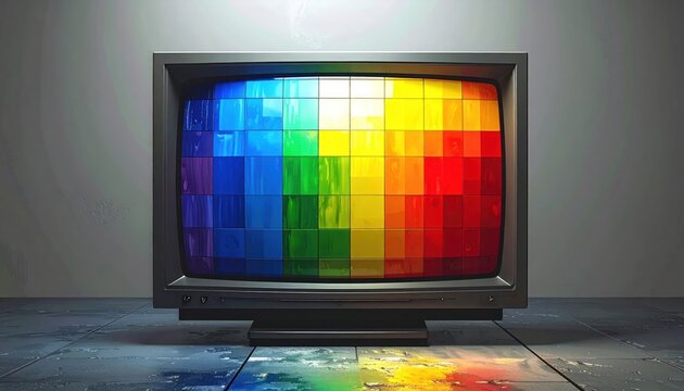 Retro TV screen displaying vibrant rainbow color bars, classic technology, nostalgia, creative display