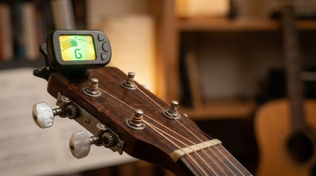 Digital Guitar Tuner Mounted On Acoustic Guitar Headstock Displaying Tuning Information