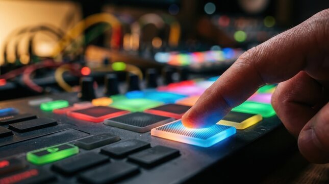 DJ's finger presses illuminated pad on glowing music controller in a dimly lit studio