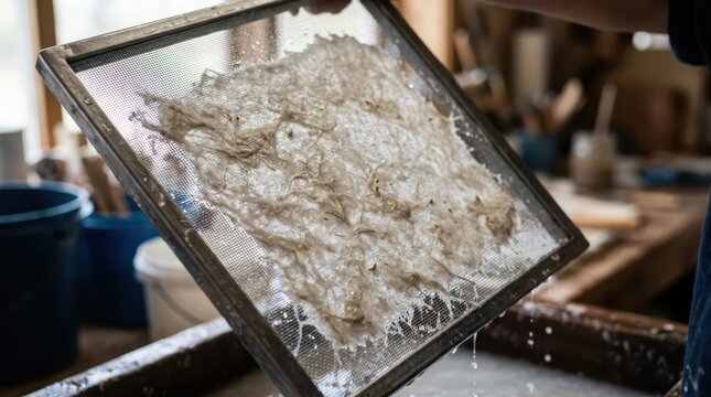 Freshly made paper pulp being lifted from a fine mesh screen during the artisanal papermaking process.