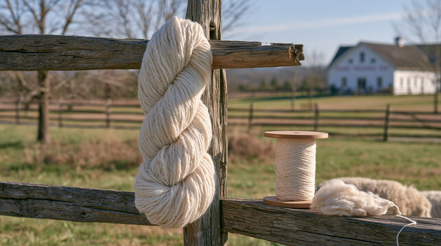 Skein of hand-spun yarn hanging on a rough fence post under a harsh midday sun, symbolic still life with raw wool beside a finished spool, family volunteer day sign barely visible