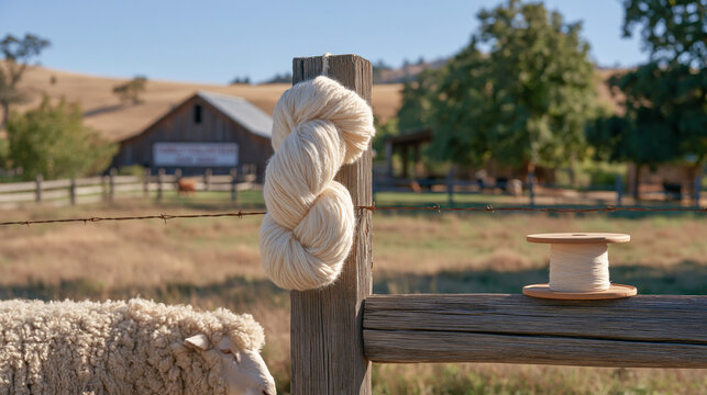 Skein of hand-spun yarn hanging on a rough fence post under a harsh midday sun, symbolic still life with raw wool beside a finished spool, family volunteer day sign barely visible