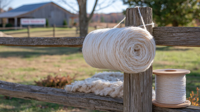 Skein of hand-spun yarn hanging on a rough fence post under a harsh midday sun, symbolic still life with raw wool beside a finished spool, family volunteer day sign barely visible