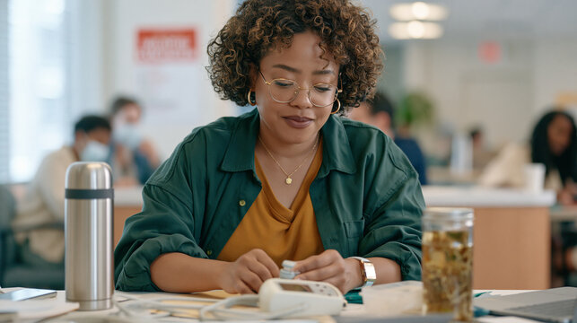 A habit coach carefully calibrates a biofeedback instrument before a session in a crowded wellness center as a thermos of herbal tea sits nearby and an unstaged wildfire