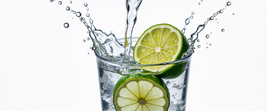 Lime wedge squeezing into drinking glass with liquid burst for cocktail blogs, beverage sites, recipe articles, and summer party presentations