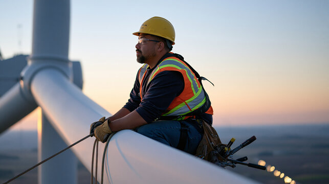 Wind turbine service technician rappelling at twilight blue hour caught in a candid unposed moment mid-descent on a towering turbine, tool belt spinning freely, distant car