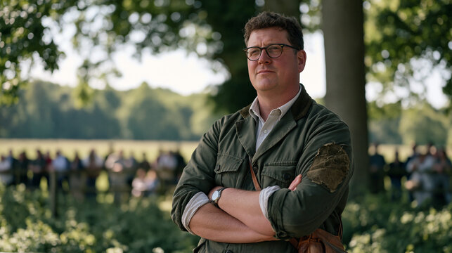 A gamekeeper in a faded estate uniform waits anxiously beside a wildlife monitoring screen in dense outdoor woodland as a worn sleeve patch identifies his estate role and an
