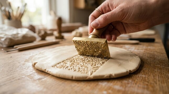 Hand pressing intricate design stamp onto pliable clay surface in a warm workshop setting
