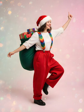 Feste di Natale: donna  babbo natale con bretelle, sacco di doni che ascolta musica natalizia e balla