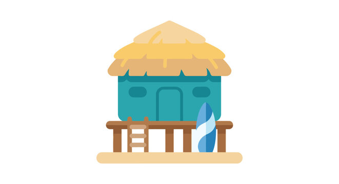 Thatched roof beach hut illustration on a white background features a surfboard
