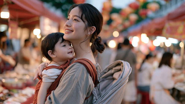 Teen babysitter at a vibrant outdoor evening market carrying a toddler on one hip while navigating a busy food stall row, seen from child height between vendor tables, holiday