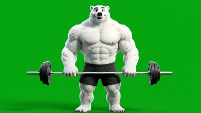 Muscular cartoon bodybuilder polar bear lifting barbell isolated on green screen