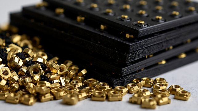 A scattered pile of shiny brass T-nuts with stacked black industrial plates featuring embedded nuts, isolated on transparent background. Represents precision engineering and.
