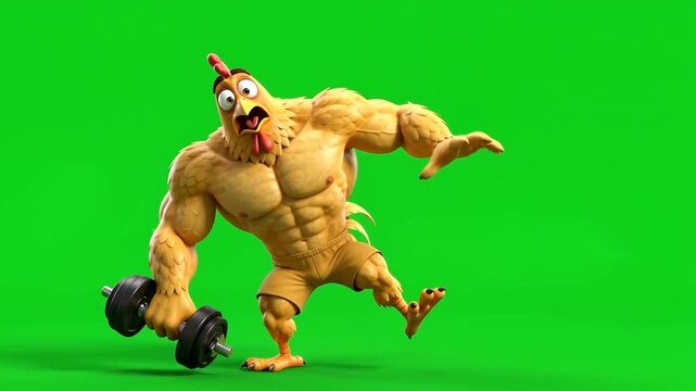 Cartoon bodybuilder chicken lifting heavy dumbbell on green screen chroma key background