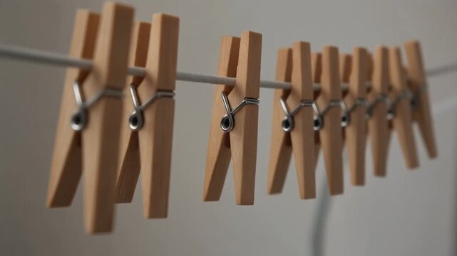 物干しロープに並ぶ木の洗濯ばさみ シームレスループ動画背景 16:9 4K