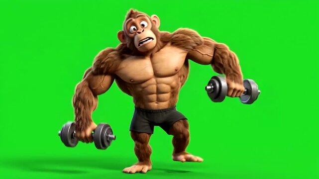 Cartoon bodybuilder monkey lifting heavy dumbbells on green screen background