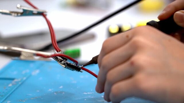 Hands hold soldering iron near red wires. Red wires connect to small circuit board. Blue mat holds tools on work surface. Work area shows focus and precision